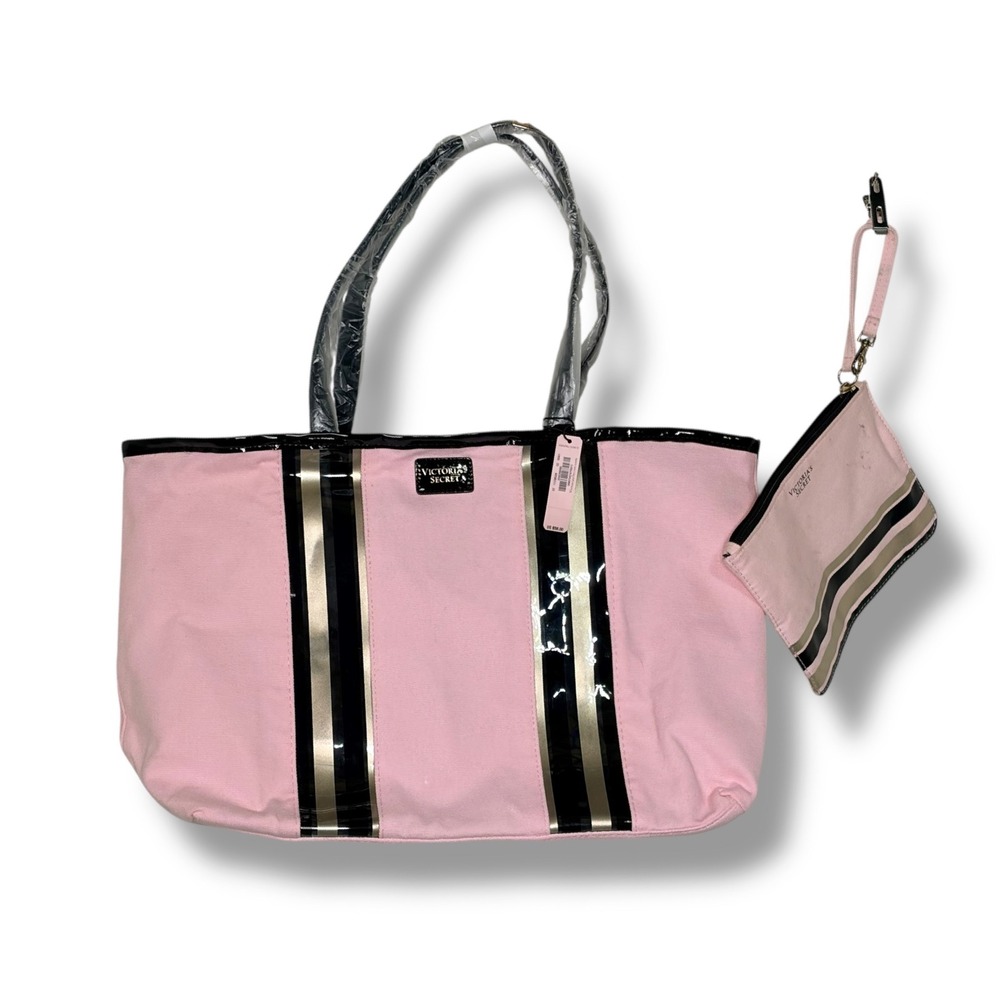 Victoria's Secret Tote Bag OS Pink Black Gold Striped Canvas Travel Wristlet Set